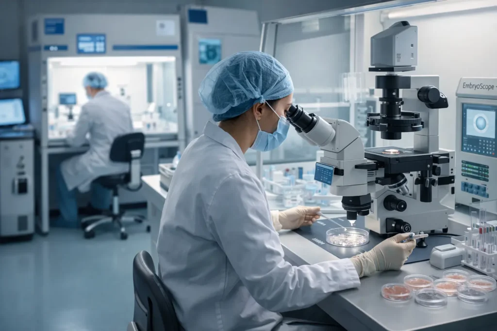 Masters in Assisted Reproductive Technology ART laboratory with embryologist using microscope in modern IVF clinic