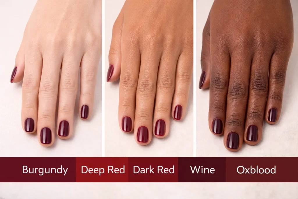 Swatches of various deep red nail colour shades, from burgundy to oxblood, on different skin tones