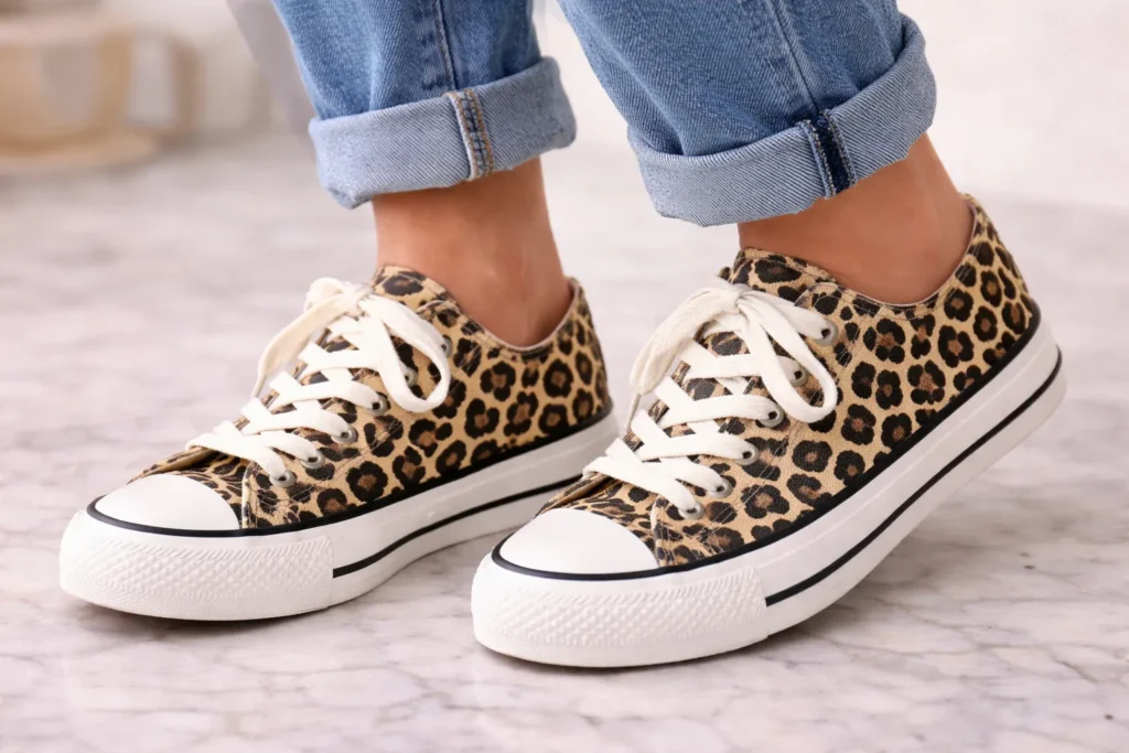 Pair of classic canvas leopard print sneakers styled with cuffed blue jeans.
