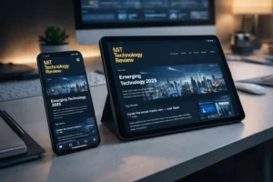 MIT Technology Review app displayed on a smartphone and tablet in a modern workspace with digital tech news interface.