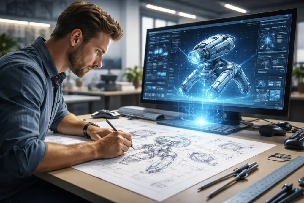Technology drawings from concept to creation showing blueprints, CAD software, and 3D technical design process.
