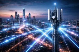 5G technology network tower transmitting high-speed wireless signals across a futuristic city skyline.