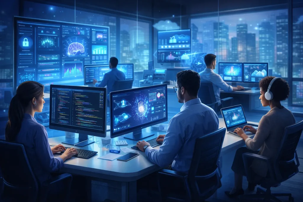 Latest technology jobs in the USA 2026 shown through IT professionals coding, cybersecurity monitoring, and AI data analysis in a modern workspace.