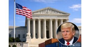 U.S. Supreme Court building in Washington, D.C., with American flag in foreground, shipping containers symbolizing tariffs, and a portrait of Donald Trump following the Supreme Court tariff ruling decision.