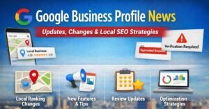 “Google Business Profile news graphic showing local ranking updates, verification alerts, review changes, and optimization strategies.”