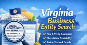 Virginia business entity search illustration showing magnifying glass over LLC status and verification details