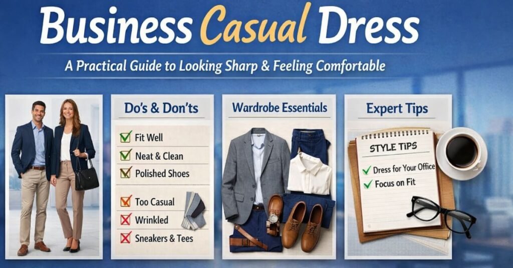 Business casual dress infographic showing outfit ideas, wardrobe essentials, and professional style tips for modern workplaces