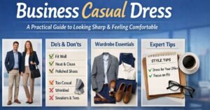 Business casual dress infographic showing outfit ideas, wardrobe essentials, and professional style tips for modern workplaces