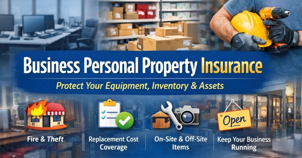 Banner showing business personal property insurance protection for equipment, inventory, and business assets