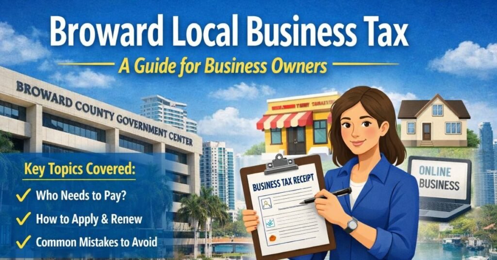 Broward local business tax guide illustration showing business owner holding tax receipt in Broward County