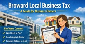 Broward local business tax guide illustration showing business owner holding tax receipt in Broward County