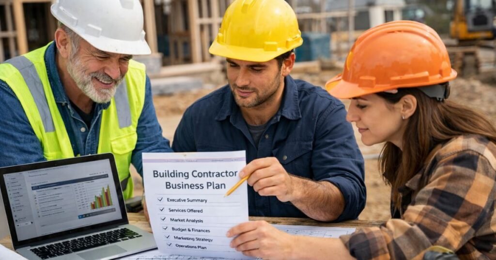 Construction team reviewing a building contractor business plan at an active job site