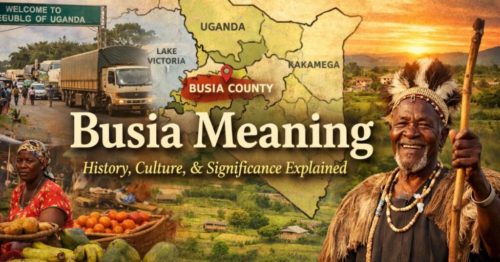 Busia Meaning featured image showing a highlighted map of Busia County between Kenya and Uganda, busy border trucks, a vibrant local market scene, and a traditional elder representing East African culture and heritage.
