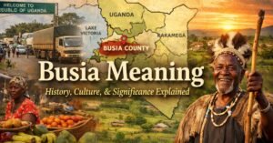 Busia Meaning featured image showing a highlighted map of Busia County between Kenya and Uganda, busy border trucks, a vibrant local market scene, and a traditional elder representing East African culture and heritage.