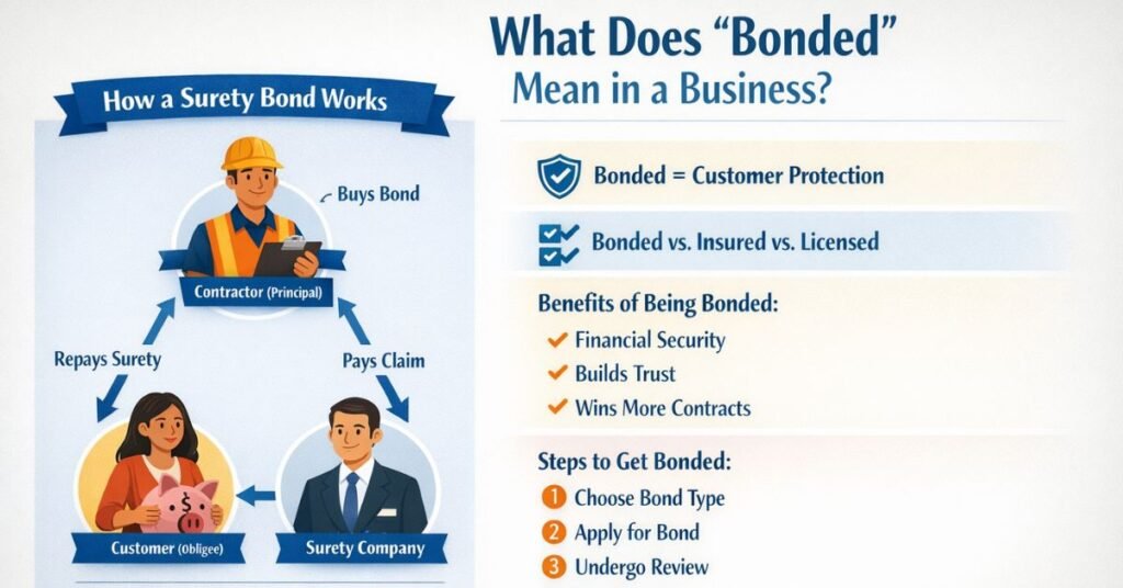 Infographic explaining what bonded means in a business, showing a surety bond diagram between contractor, customer, and surety company, with benefits of being bonded and steps to get bonded displayed in a clear 1400x828 layout.