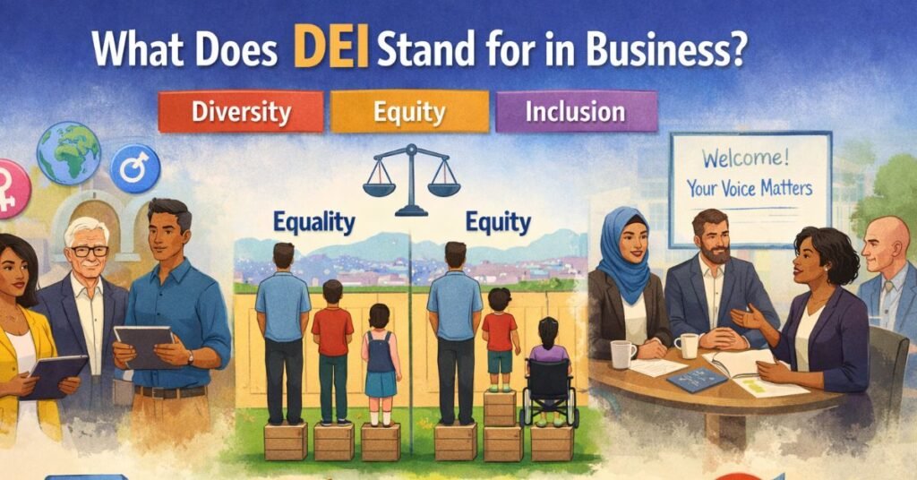 Illustration explaining what does DEI stand for in business showing diversity, equity vs equality comparison, and inclusive leadership in a workplace setting