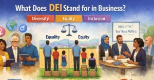 Illustration explaining what does DEI stand for in business showing diversity, equity vs equality comparison, and inclusive leadership in a workplace setting