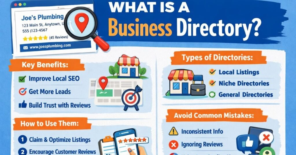 Infographic explaining what is a business directory, including benefits for local SEO, types of directories, usage steps, and common mistakes with example business listing.