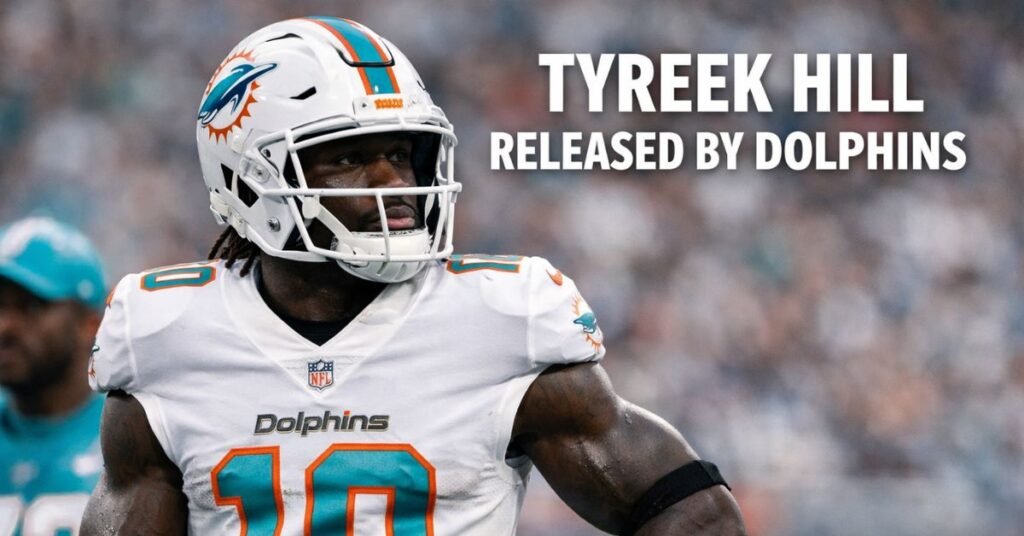 Tyreek Hill in a Miami Dolphins uniform standing on the sideline during an NFL game, with headline text indicating his release from the team.