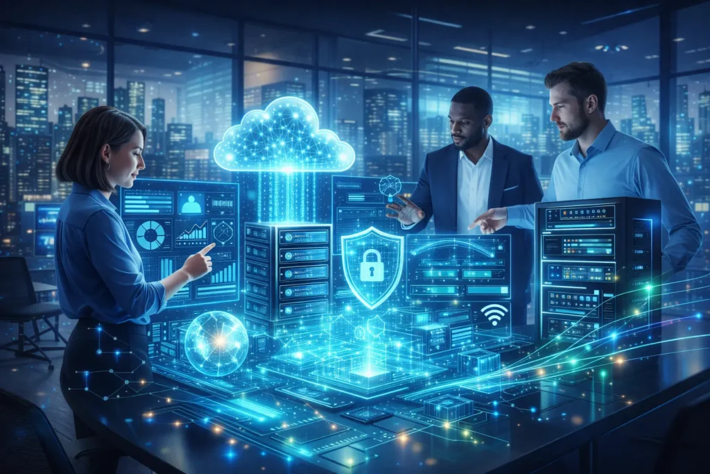 First Technology digital transformation and IT solutions concept showing cloud computing, cybersecurity, and modern enterprise infrastructure.