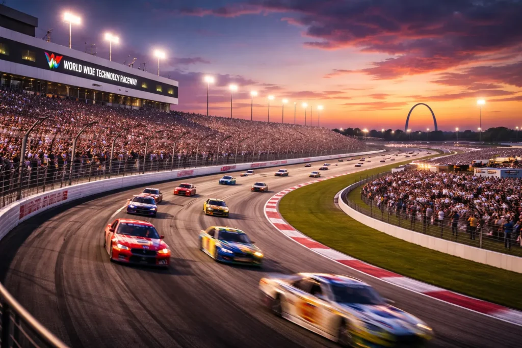 World Wide Technology Raceway in St. Louis showing race cars on the track and full grandstands during a live motorsports event.