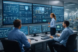 Engineers monitoring systems inside an operational technology division control room with digital dashboards and industrial network displays.