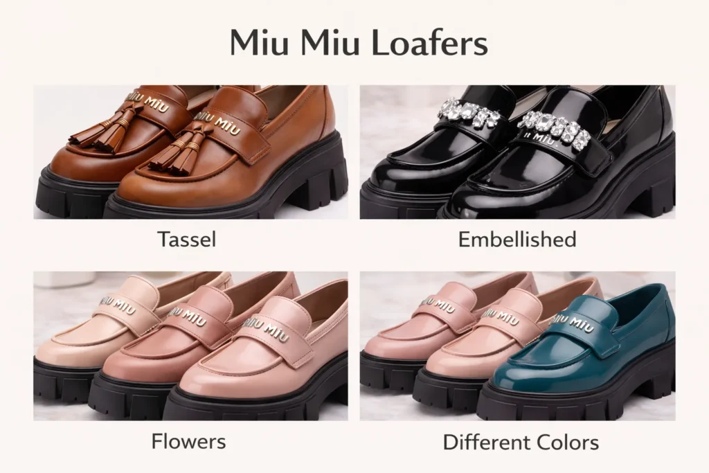Collage showing various Miu Miu loafer styles, including tassel, embellished, and different colors