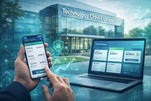 Technology Credit Union (Tech CU) modern branch building with digital banking app and online financial dashboard in 2026.