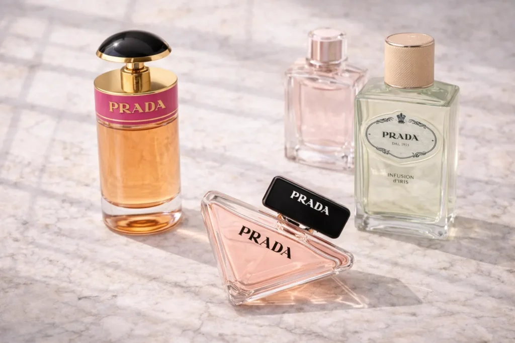A luxurious display of various Prada perfume bottles for women, including Candy, Paradoxe, and Infusion d'Iris, set against a marble background.