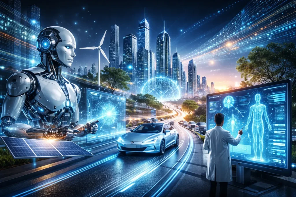 Applications of technology in 2025 concept showing AI, smart cities, robotics, and clean energy innovation.