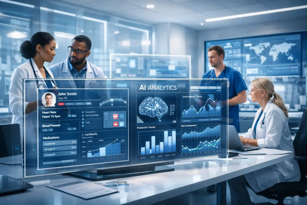 Health Information Technology dashboard displaying electronic health records, AI analytics, and modern hospital data systems in a futuristic clinical environment.