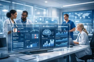 Health Information Technology dashboard displaying electronic health records, AI analytics, and modern hospital data systems in a futuristic clinical environment.