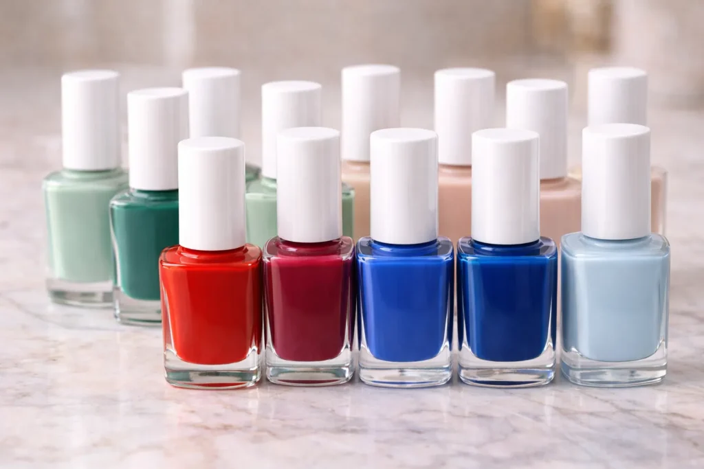 An array of nail polish colors in various shades of red, blue, green, and nude