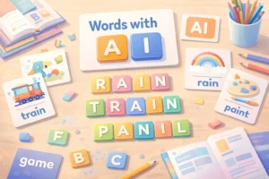 Words with AI learning flashcards and colorful letter tiles for phonics games and vocabulary practice.