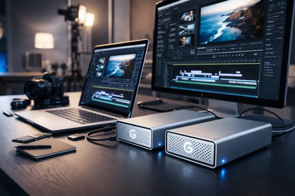 G-Technology G-DRIVE external storage devices on a creative professional’s desk connected to a laptop used for video editing and large media file storage.