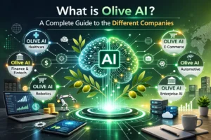 Olive AI technology concept showing digital AI brain with olive branches and connected tech company nodes