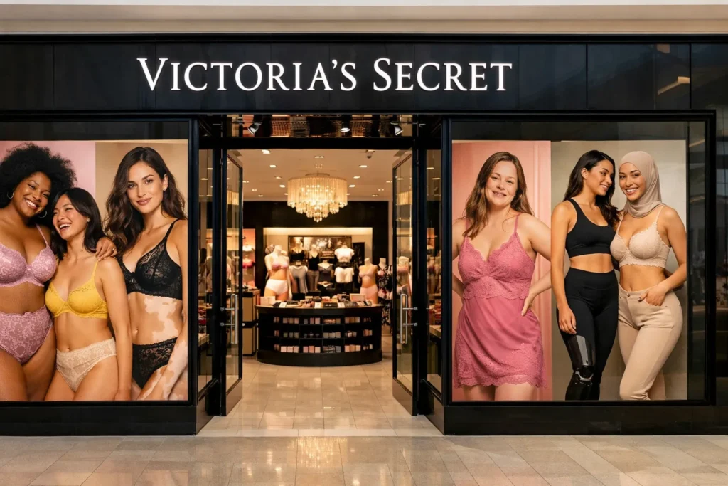 A modern Victoria's Secret storefront featuring inclusive marketing imagery in the window displays
