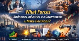 Business, industry, and government decision-making concept with economy, technology, social trends, regulations, and global events