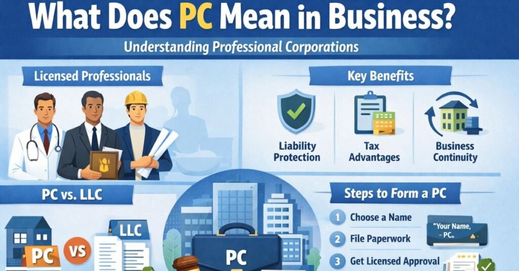 What does PC mean in business infographic explaining Professional Corporation structure, benefits, and formation steps