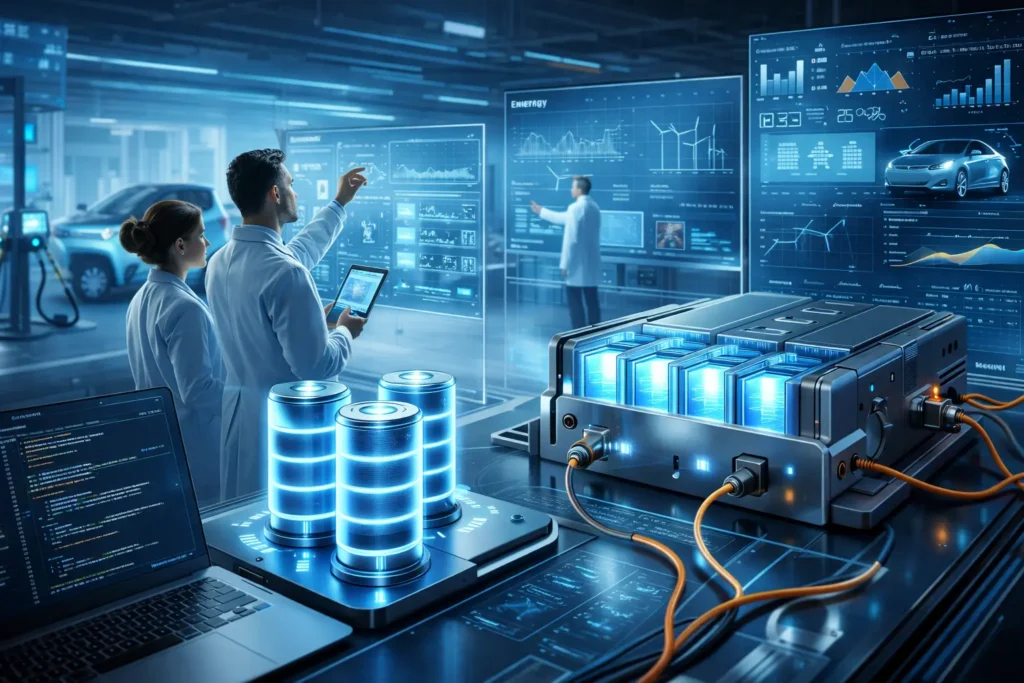 New battery technology prototypes and futuristic energy storage systems displayed in a modern research laboratory.