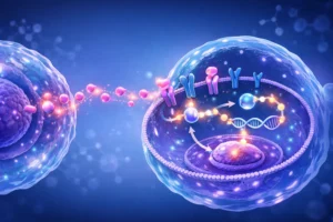 Cell signal technology illustration showing cellular communication through receptor proteins and signaling molecules between two biological cells.