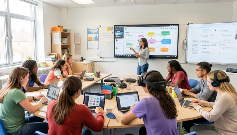 Students and teacher using technology in the classroom with laptops, tablets, and interactive smartboard.
