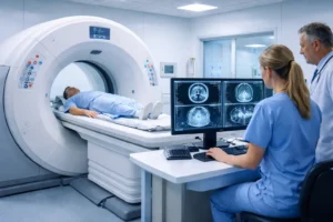 Computed Tomography CT scan machine in hospital showing patient undergoing imaging procedure