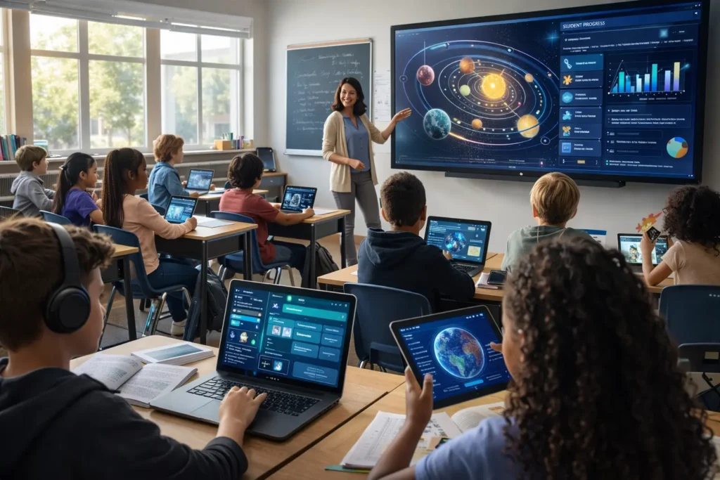 Why technology should be used in the classroom with students using digital tools and interactive smart boards in modern education