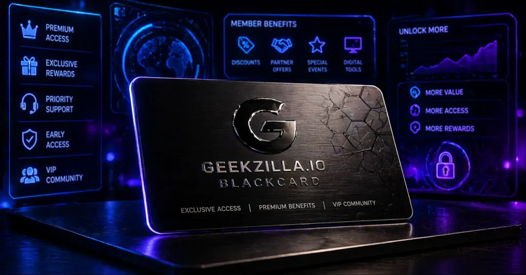 GEEKZILLA.IO BLACKCARD premium black metal card with futuristic tech background and glowing digital interface