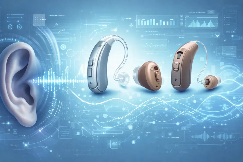 Hearing aid technology showing different styles and digital sound processing around a human ear