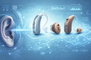 Hearing aid technology showing different styles and digital sound processing around a human ear