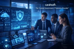 Carahsoft Technology Corp government IT solutions with cybersecurity and cloud technology dashboard visuals